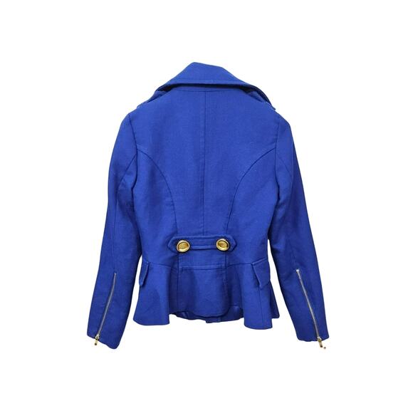 VTG Y2K XOXO Royal Blue Pea Coat Flare Waist Gold Buttons Gold Zippers Sz Small - Picture 2 of 10